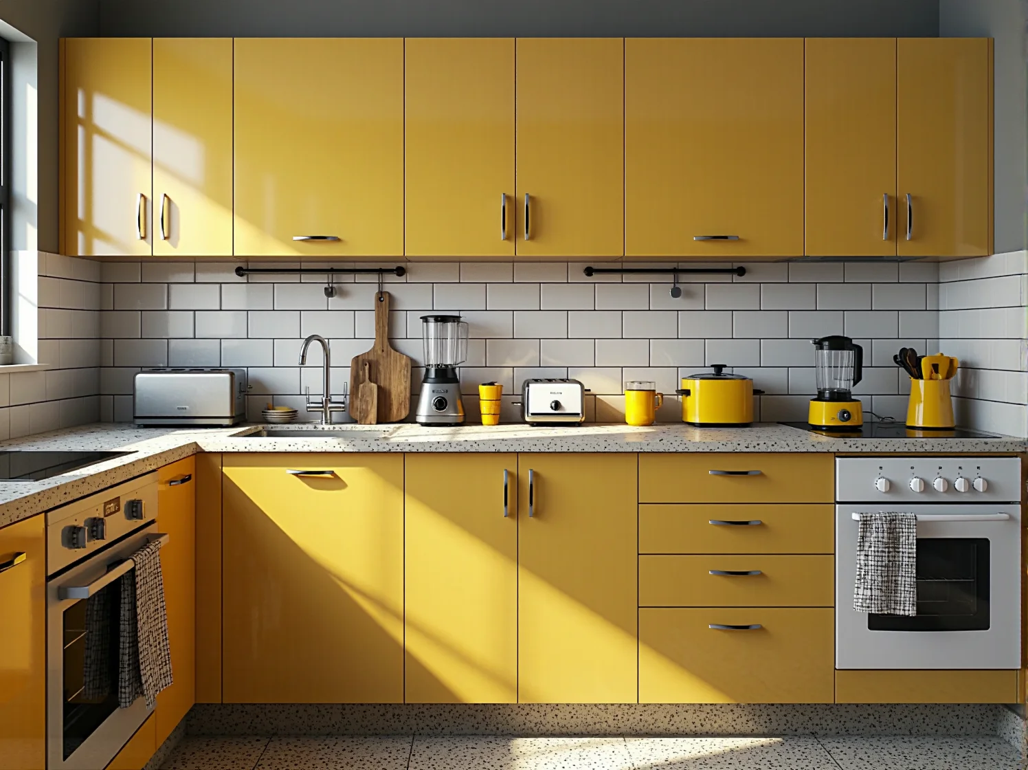 Pastelowe szafki kuchenne w stylu vintage po renowacji, zestawione z drewnianym blatem.