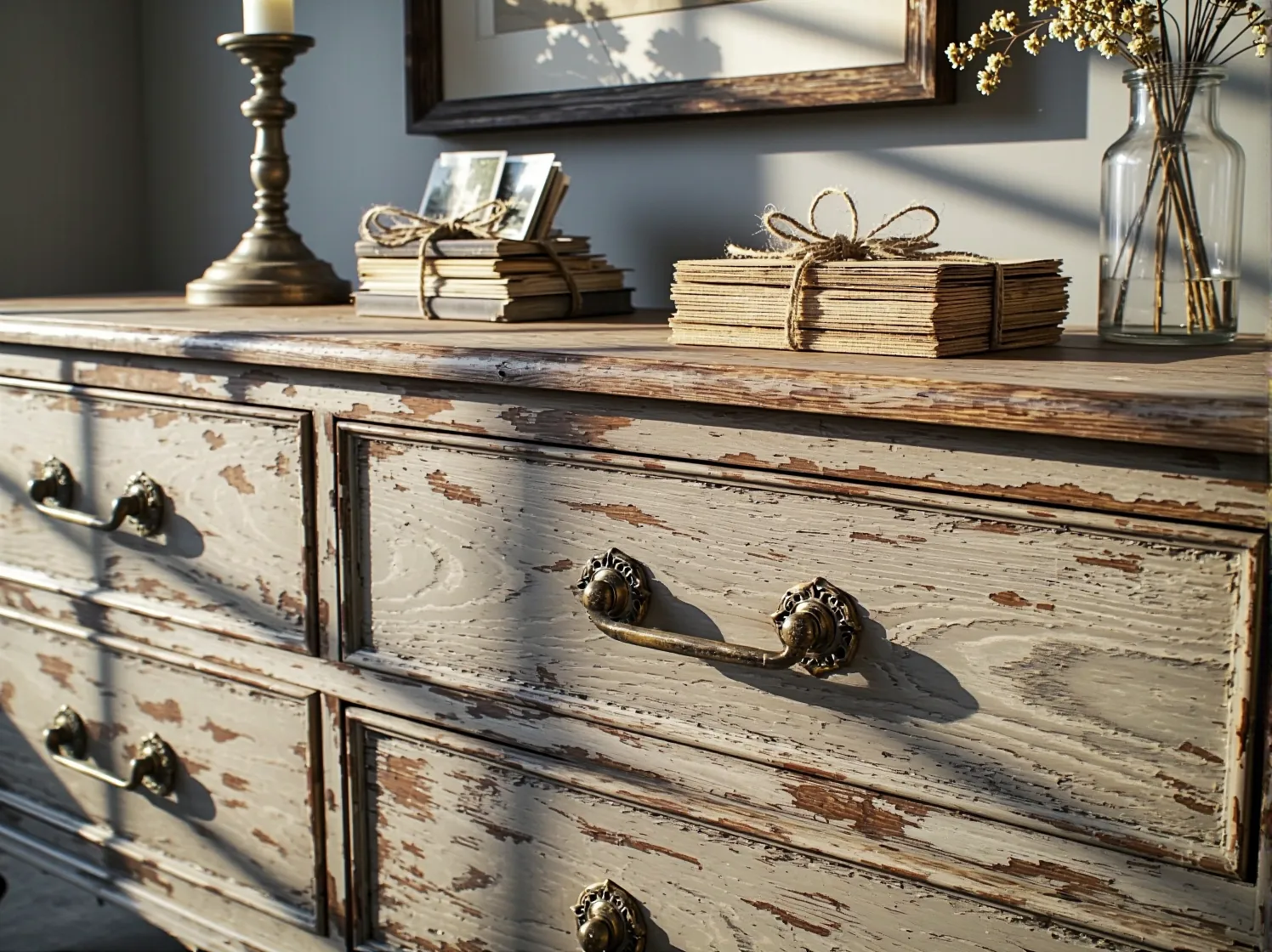 Detal mebla poddanego technice patynowania, nadającej efekt postarzenia w stylu vintage.