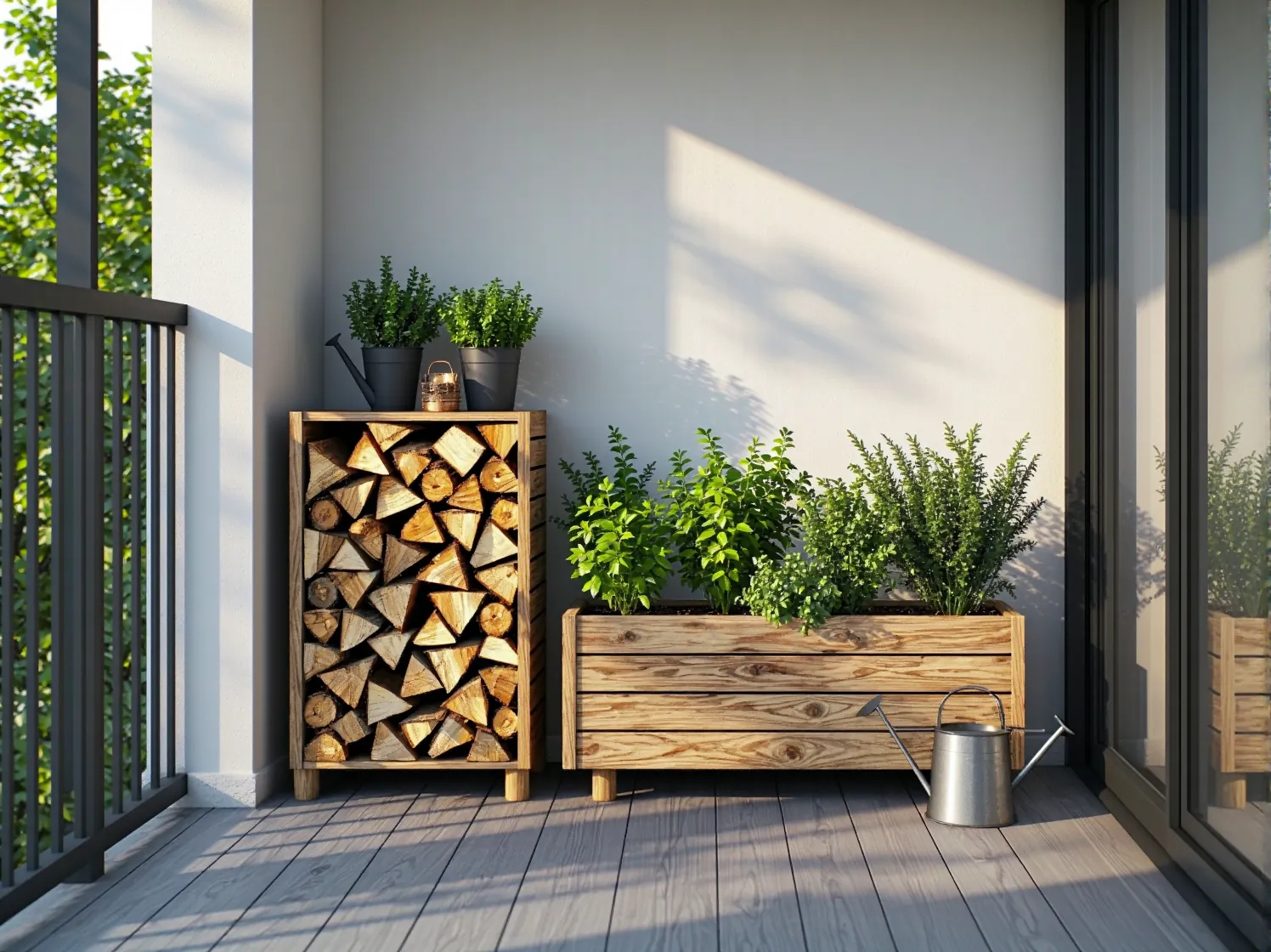 Pionowy ogród na drewnianej kratce – sprytne rozwiązanie na mały balkon.