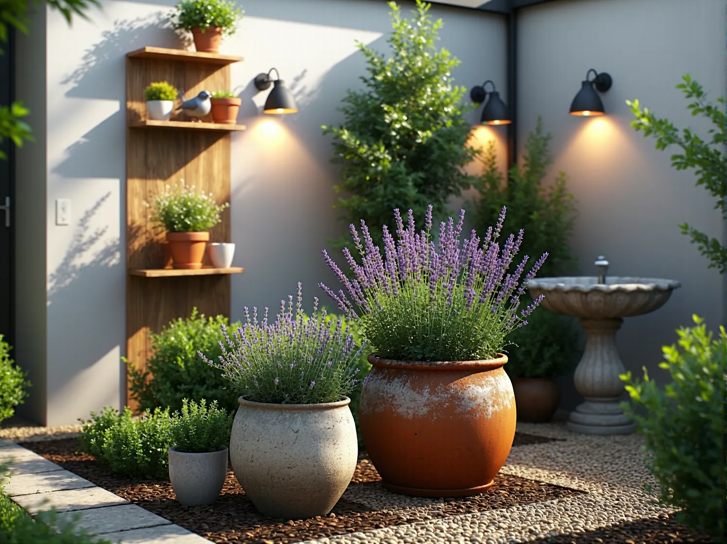 Punktowe oświetlenie LED eksponujące krzewy róż i kamienne rzeźby w klasycznym ogrodzie angielskim.