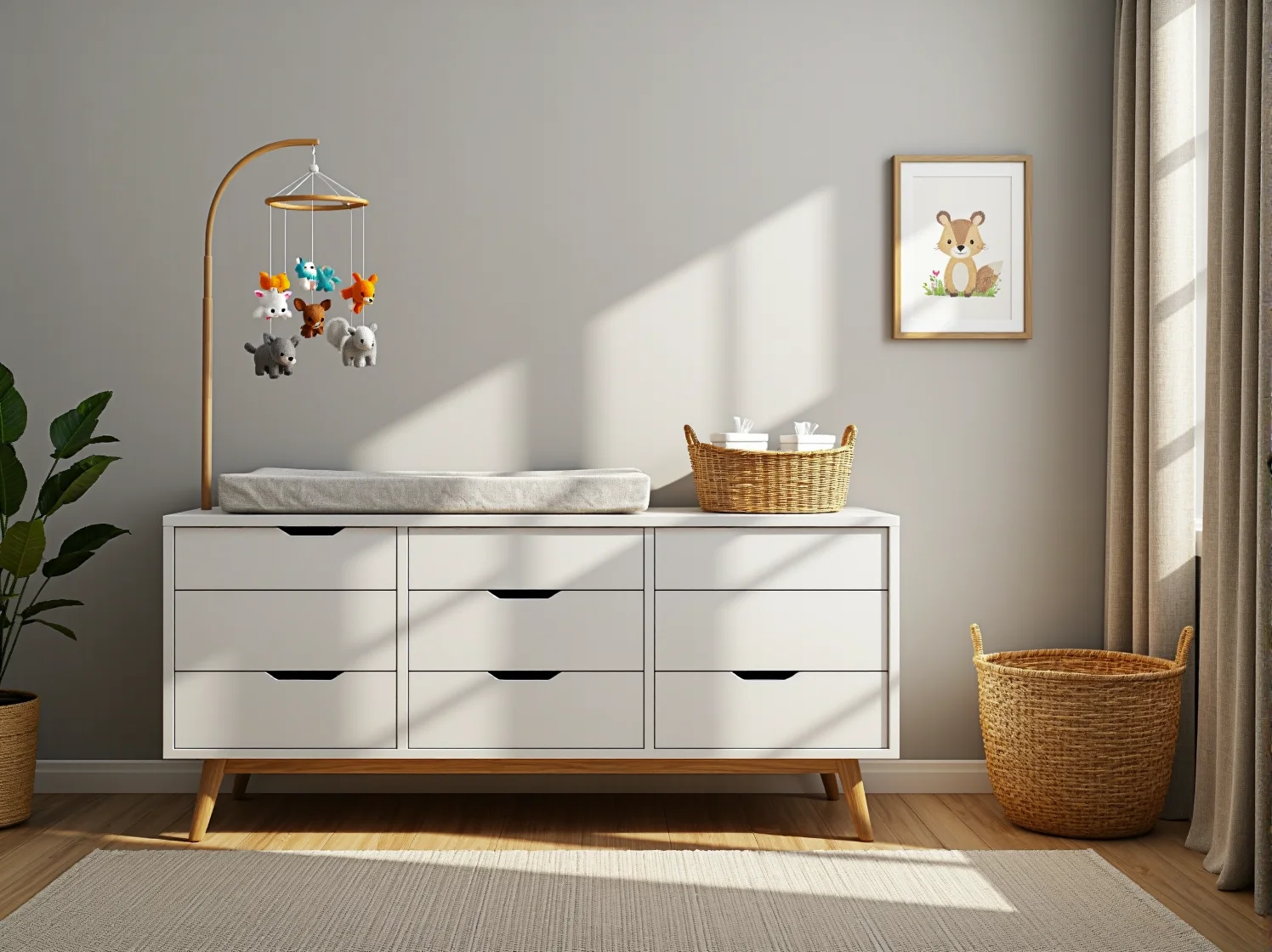 Praktyczne dodatki w pokoju niemowlaka: kącik z przewijakiem i organizerami na akcesoria.