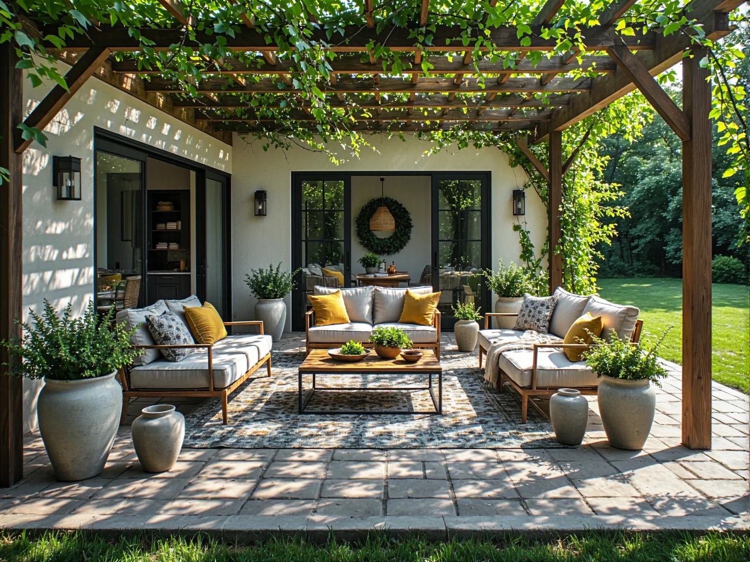 Punktowe oświetlenie drzew i roślin, które podkreśla charakter ogrodu i optycznie powiększa przestrzeń.