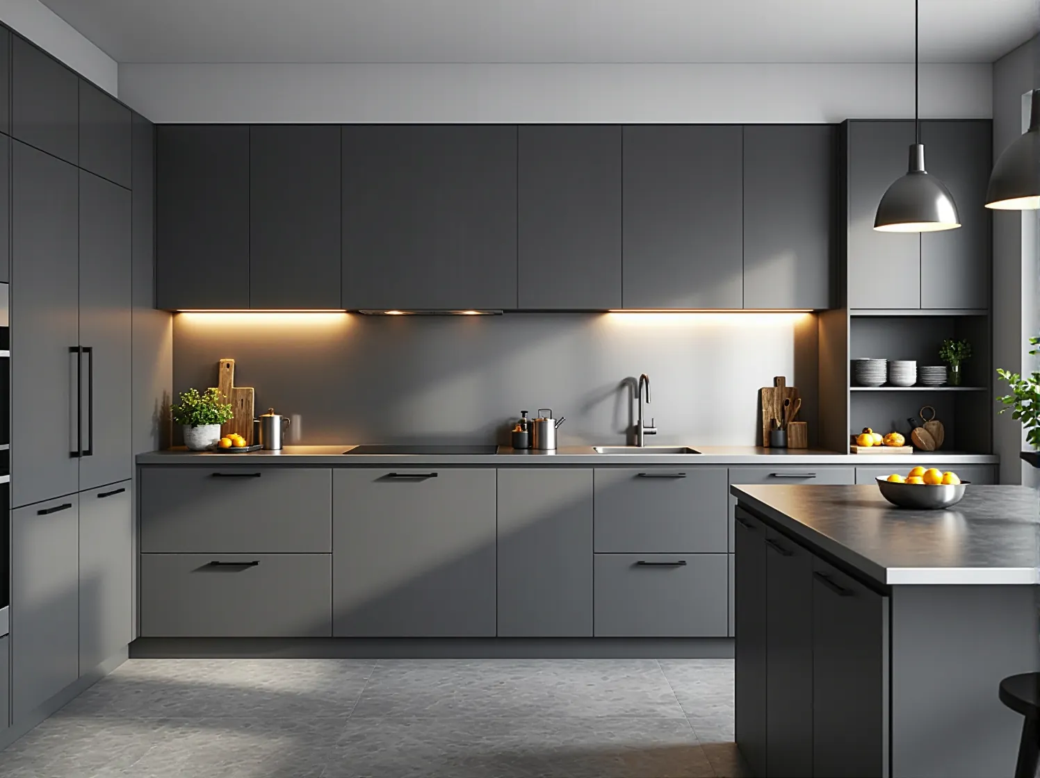 Regał loftowy z surowej stali i szary beton na ścianie – industrialna paleta barw w sypialni.