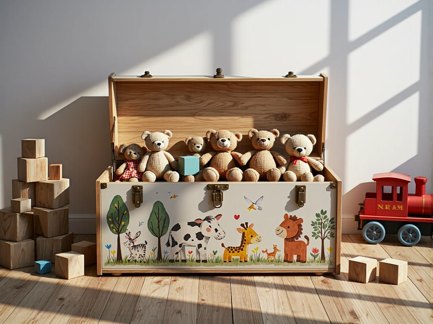 Kolorowe retro plakaty do pokoju dziecka zawieszone nad drewnianym regałem z zabawkami.