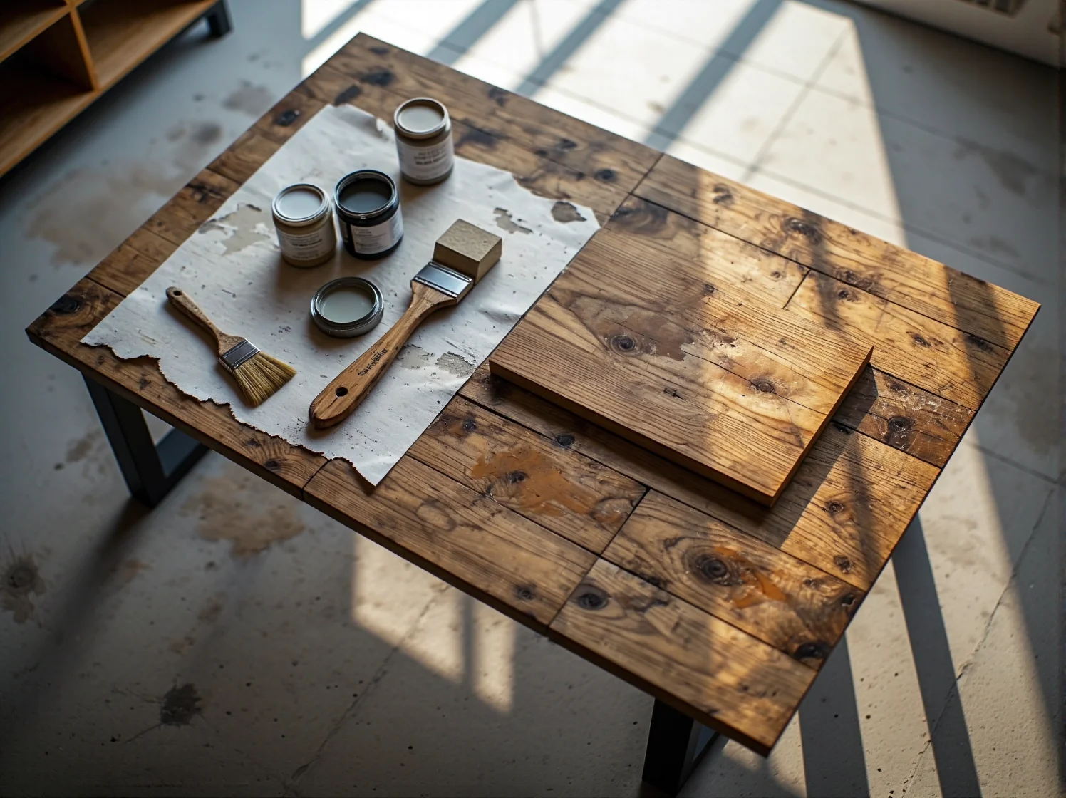 Rustykalna aranżacja tarasu z odnowioną drewnianą ławką i dekoracyjnymi poduszkami w ogrodzie.