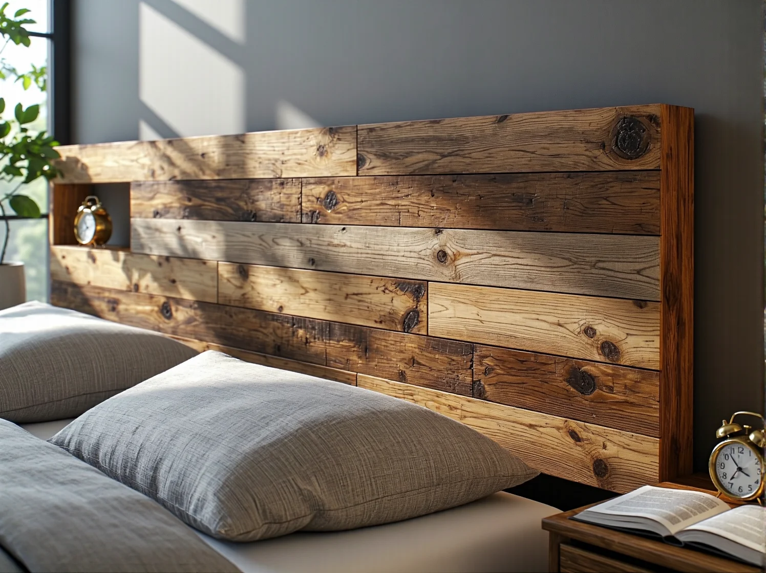 Zagłówek łóżka kontynentalnego w stylu rustykalnym wykonany z naturalnej tkaniny.