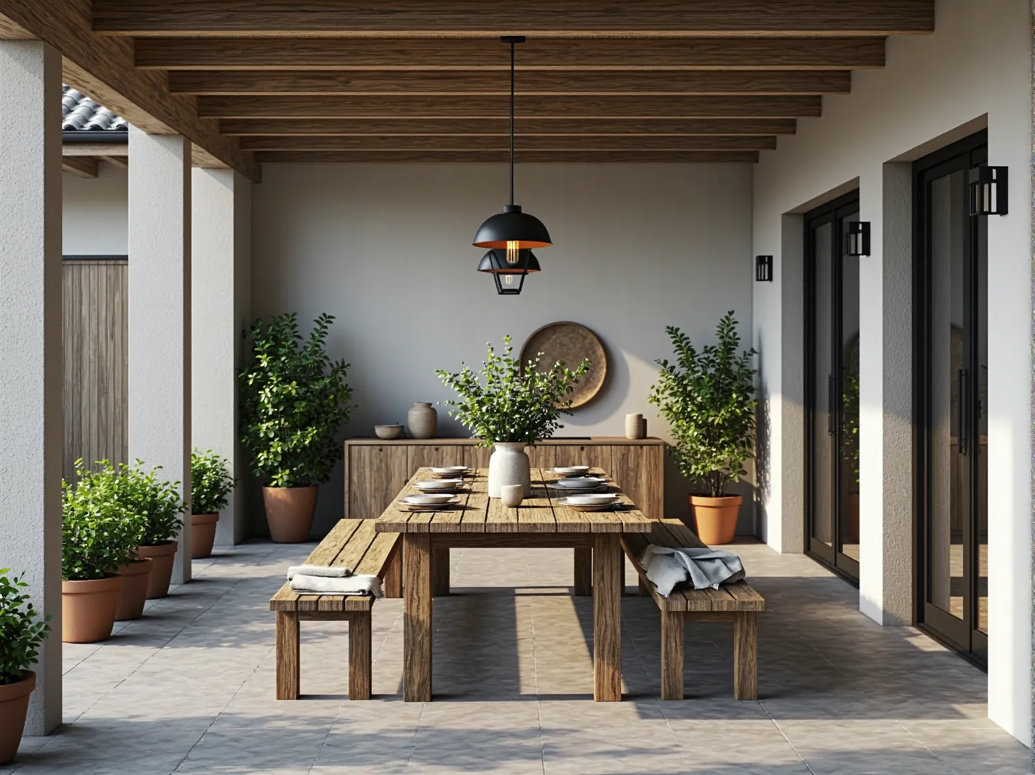 Jasny taras skandynawski z plecionymi dodatkami i zielonymi roślinami blisko natury.