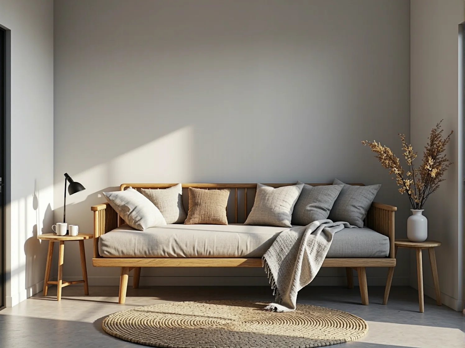 Kompaktowa sofa na drewnianych nogach, idealna do małego salonu w stylu skandynawskim, optycznie powiększa pokój.