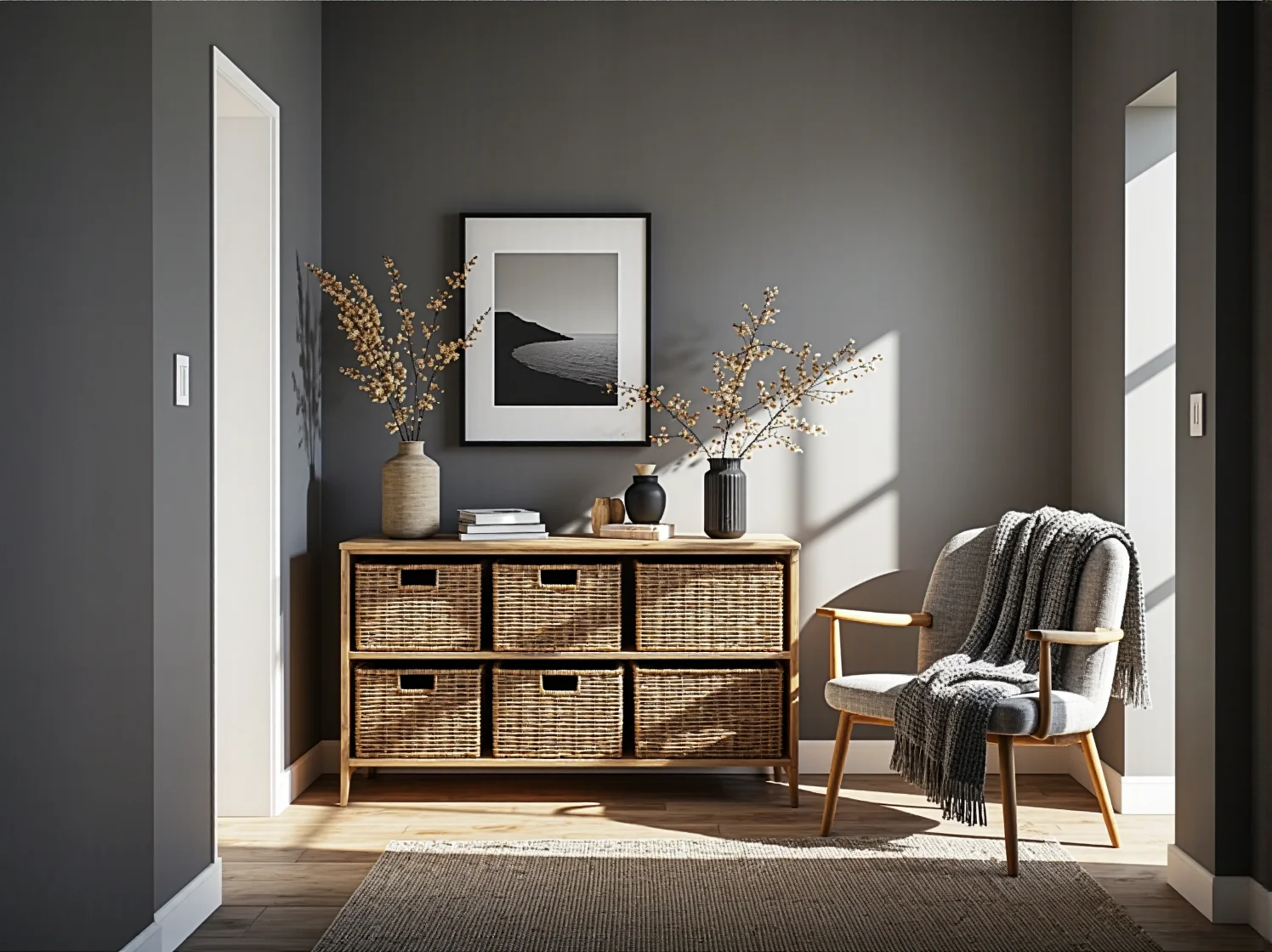 Okrągły stół do jadalni w stylu skandynawskim ozdobiony naturalnymi roślinami.