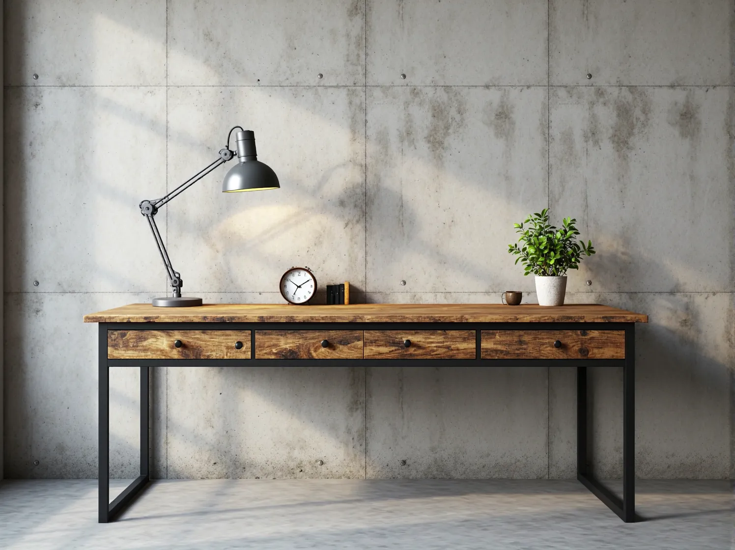 Stół z litego drewna i czarne metalowe nogi – klasyczne barwy mebli w stylu industrialnym.