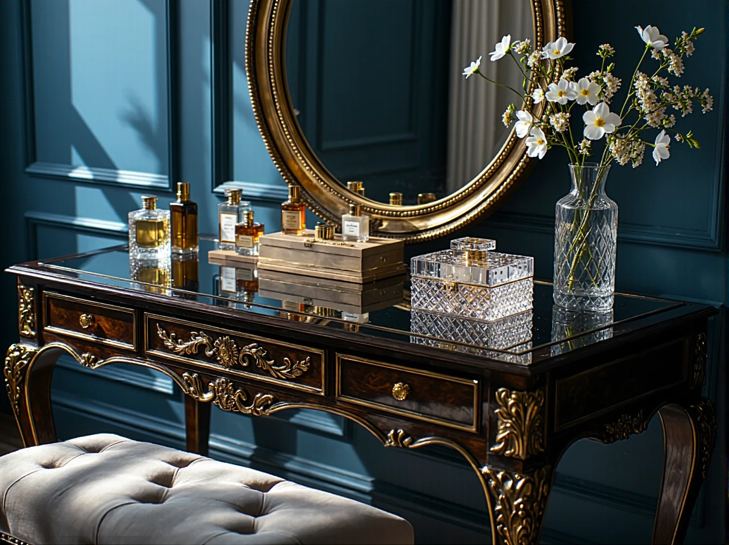 Pudrowy róż na ścianie w sypialni glamour, połączony z szarością i srebrnymi detalami, tworzący subtelne wnętrze.