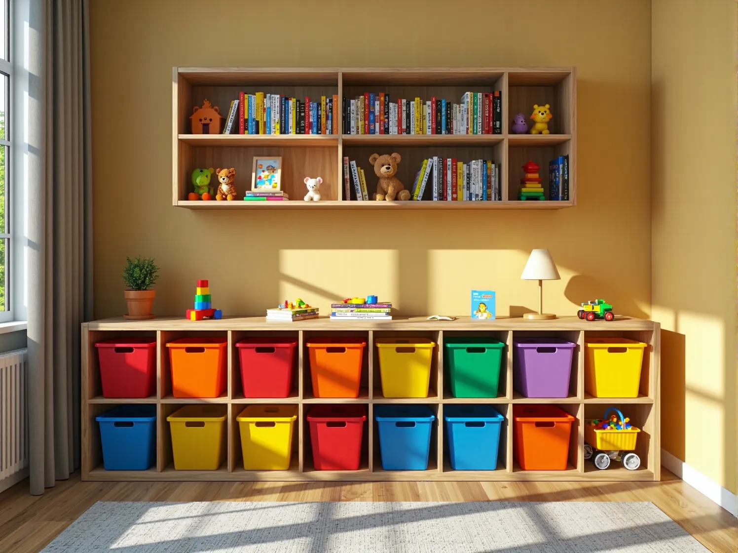 Nowoczesne systemy przechowywania zabawek i ubrań w małym pokoju dziecka.