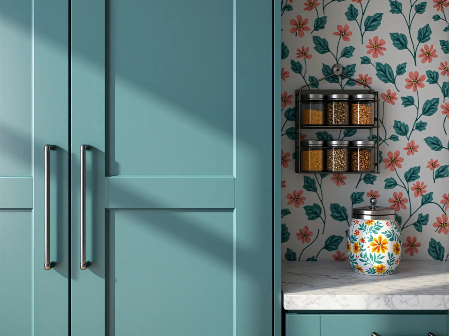 Detal szafki kuchennej retro z mosiężnymi uchwytami i ozdobnymi frezami na frontach.