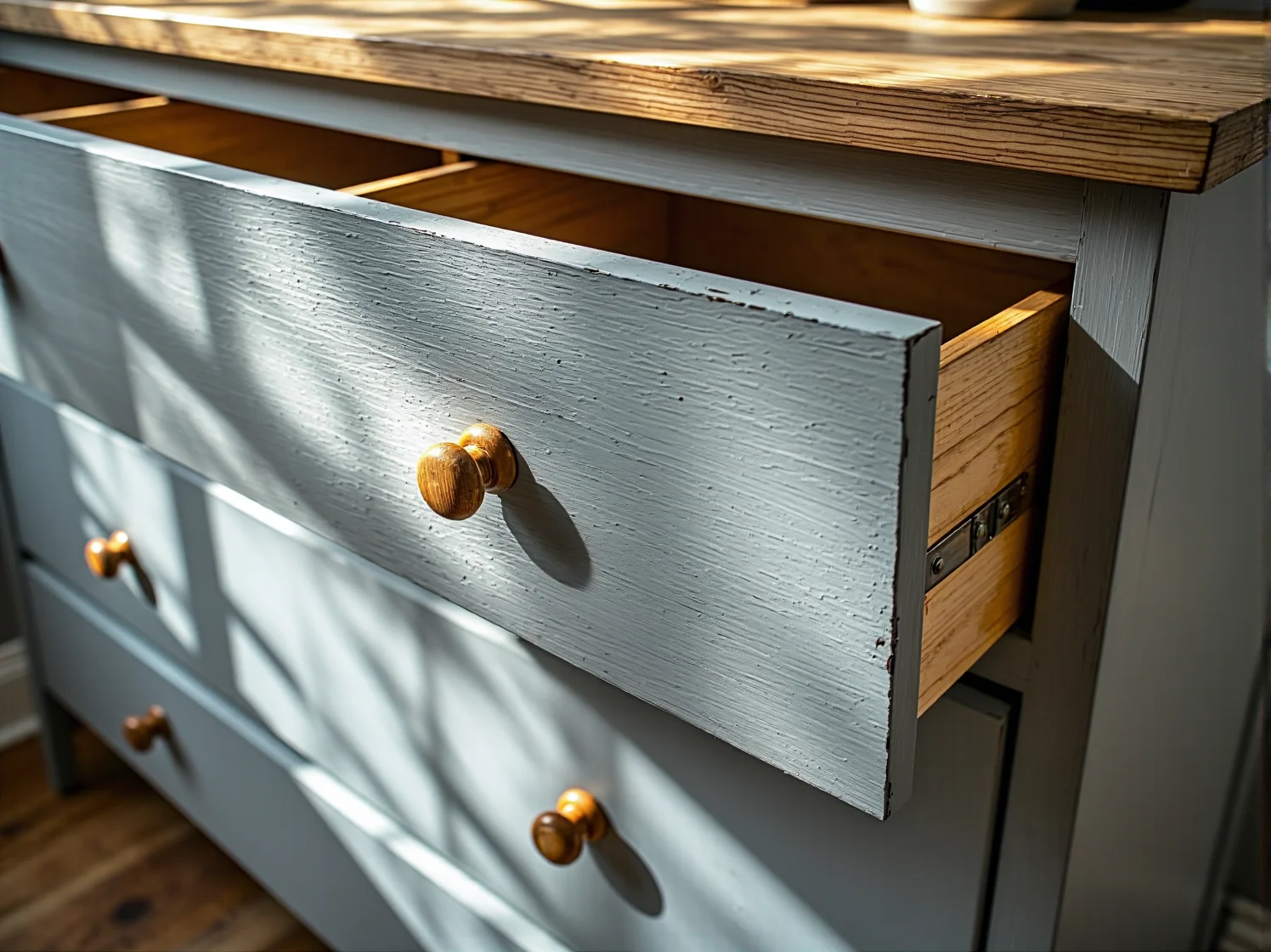 Szlifowanie starego drewna podczas procesu renowacji mebli w stylu skandynawskim.