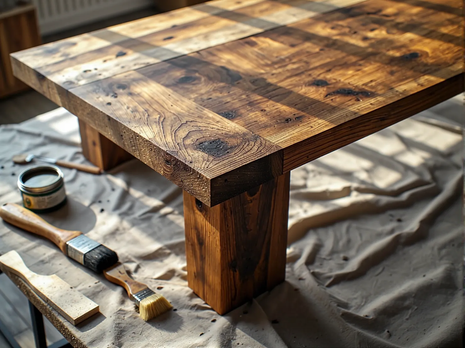 Szlifowanie powierzchni starego stołu przygotowujące go do naturalnego wykończenia.