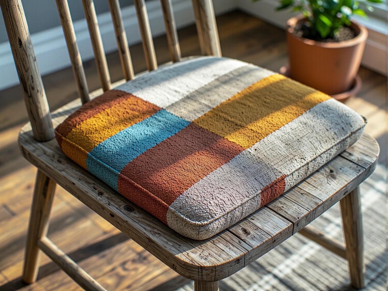 Proces szlifowania starego drewnianego krzesła ogrodowego – przygotowanie powierzchni do odnowienia.