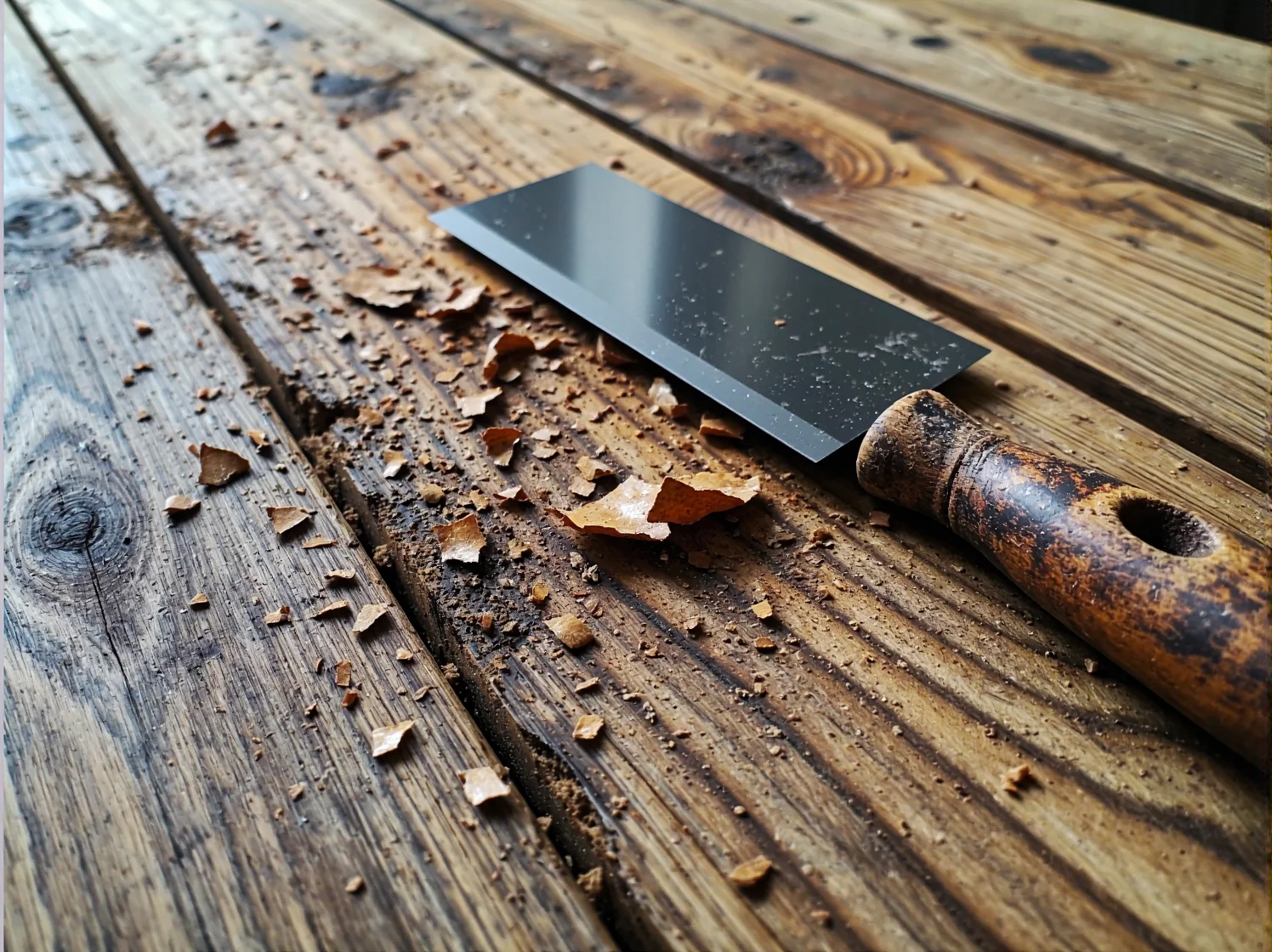 Szlifowanie drewnianych schodów szlifierką oscylacyjną w celu usunięcia warstwy lakieru.