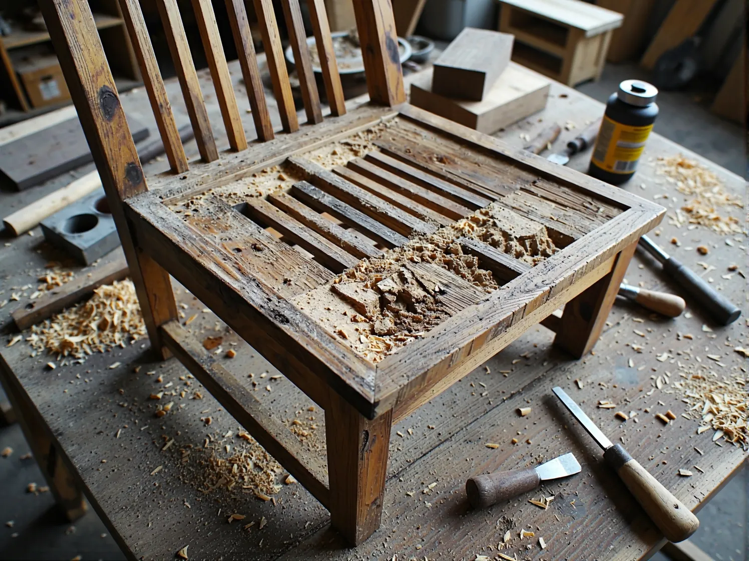 Szlifowanie powierzchni drewnianej komody szlifierką oscylacyjną w trakcie renowacji.