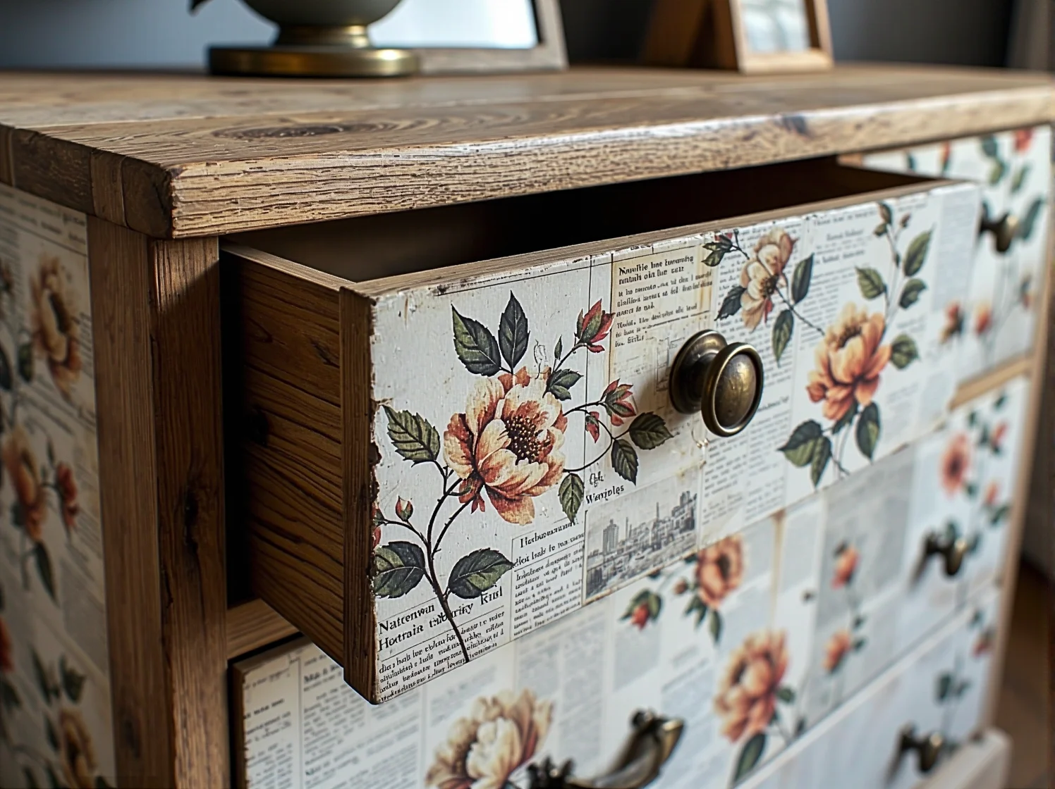 Zdobienie mebli w stylu retro poprzez artystyczne przecierki i postarzanie powierzchni.