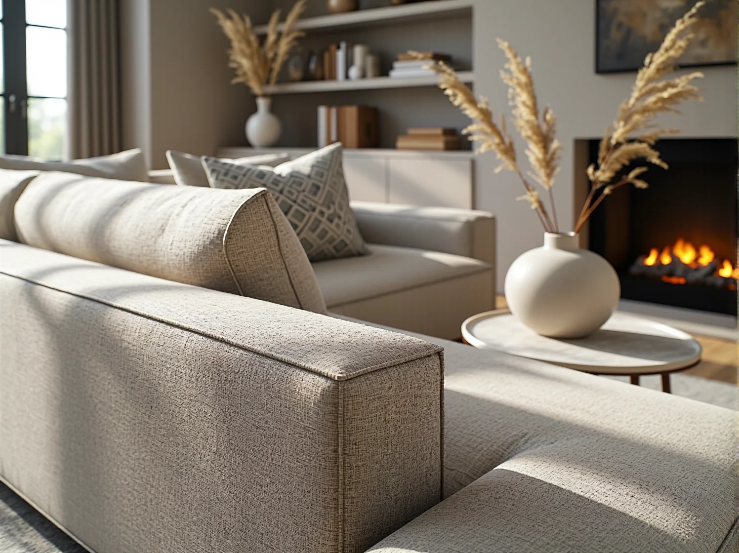 Wytrzymała tkanina obiciowa narożnika, odporna na ciepło płynące z domowego kominka.