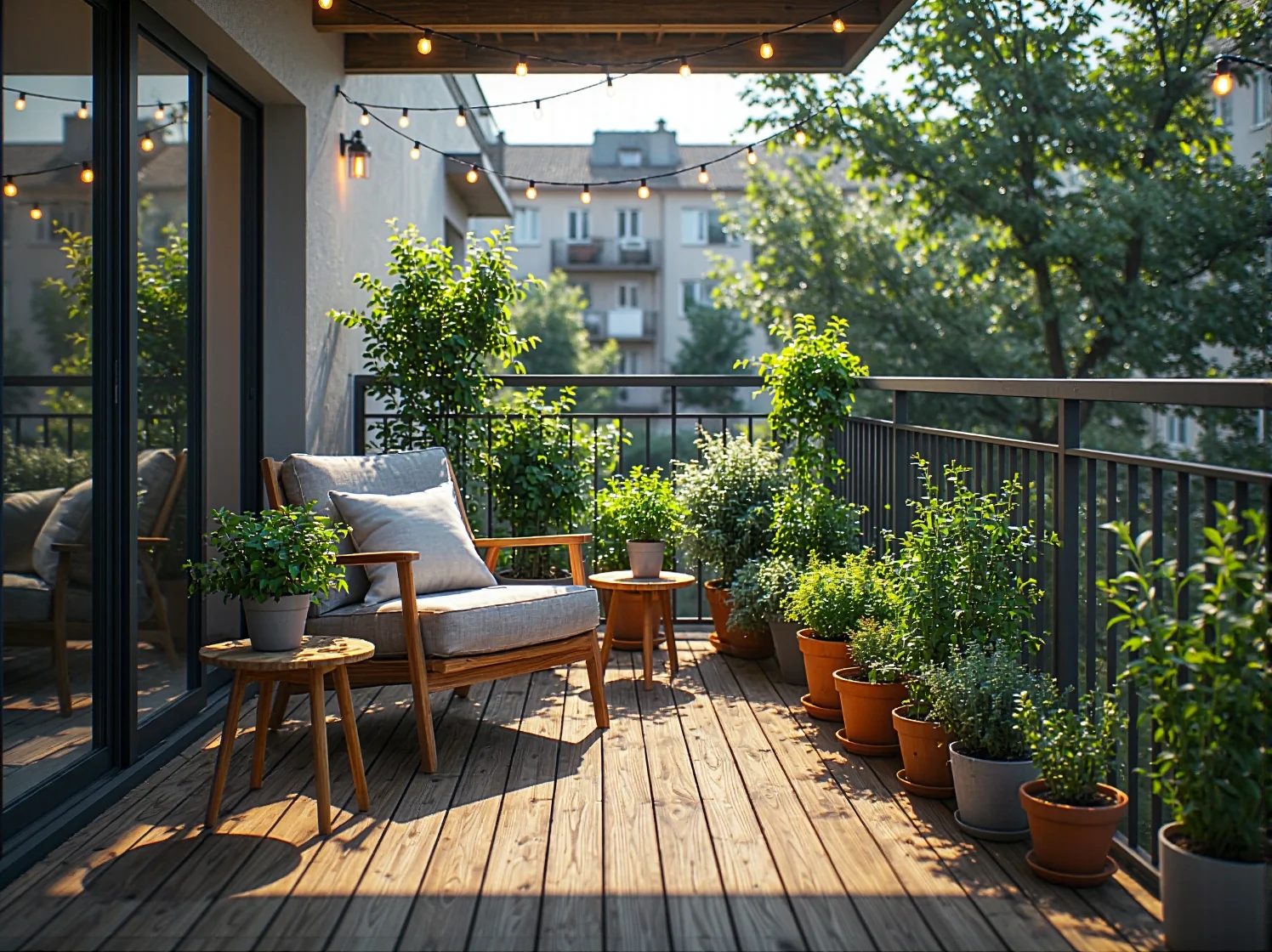 10 inspiracji na urządzenie balkonu w małym mieszkaniu z drewnianymi akcentami