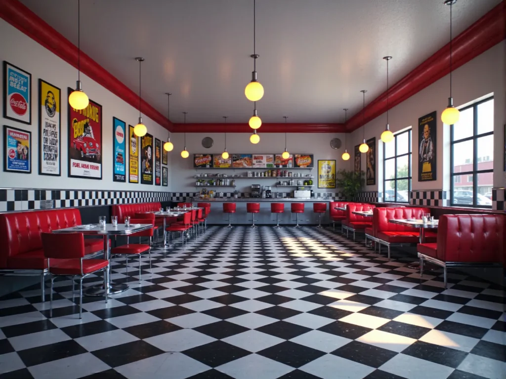 Czerwone kanapy i hokery restauracyjne w stylu retro z chromowanymi elementami