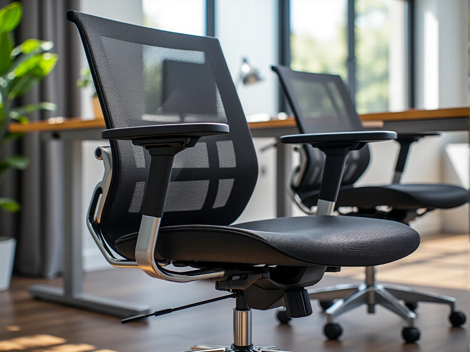 Wygodne fotele obrotowe z regulacją do pracy wspólnej w biurze.