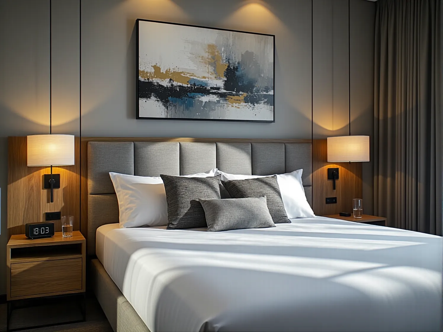 Wygodne łóżko hotelowe kontynentalne z miękkim zagłówkiem sprzyjające regeneracji organizmu.