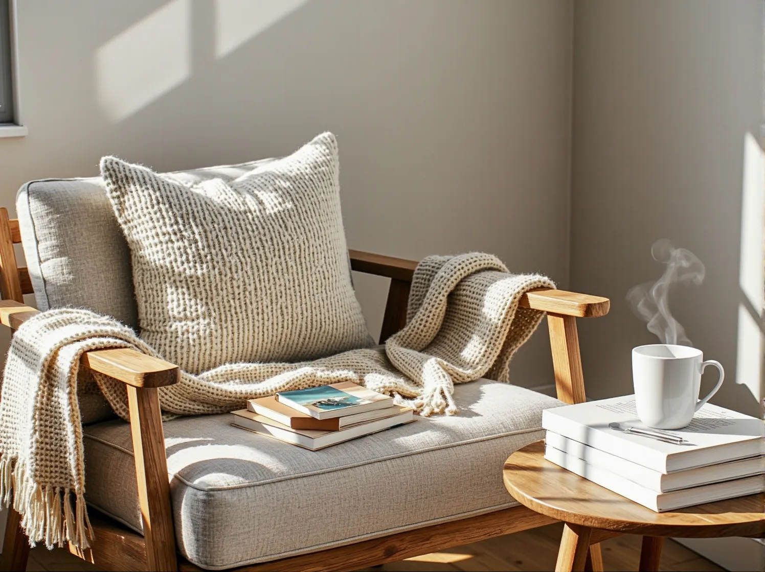 Wygodny fotel typu uszak w jasnym salonie, idealny do czytania książek w duchu hygge.