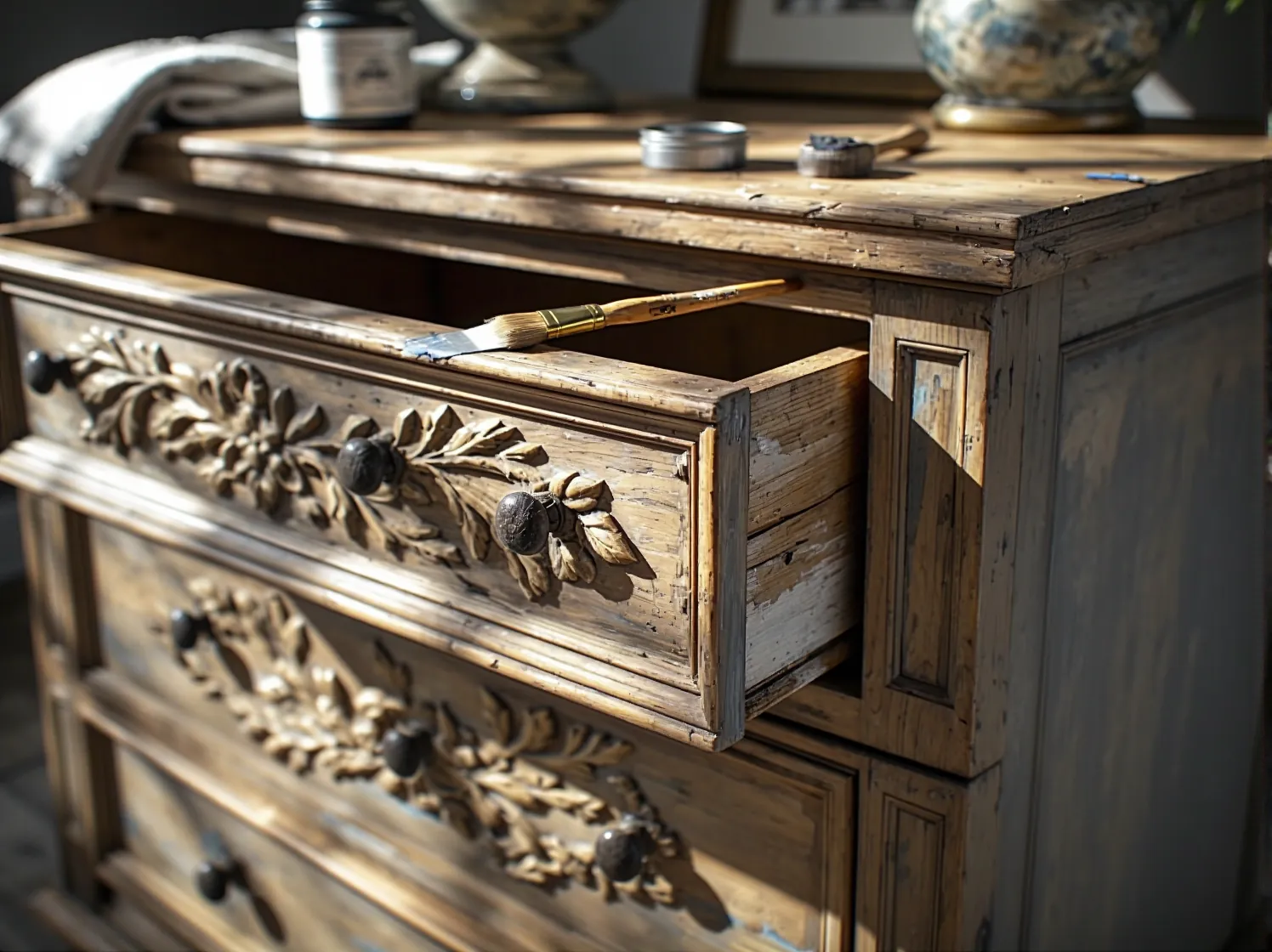 Wykańczanie odnowionego krzesła pędzlem i bejcą dla przywrócenia blasku drewna.