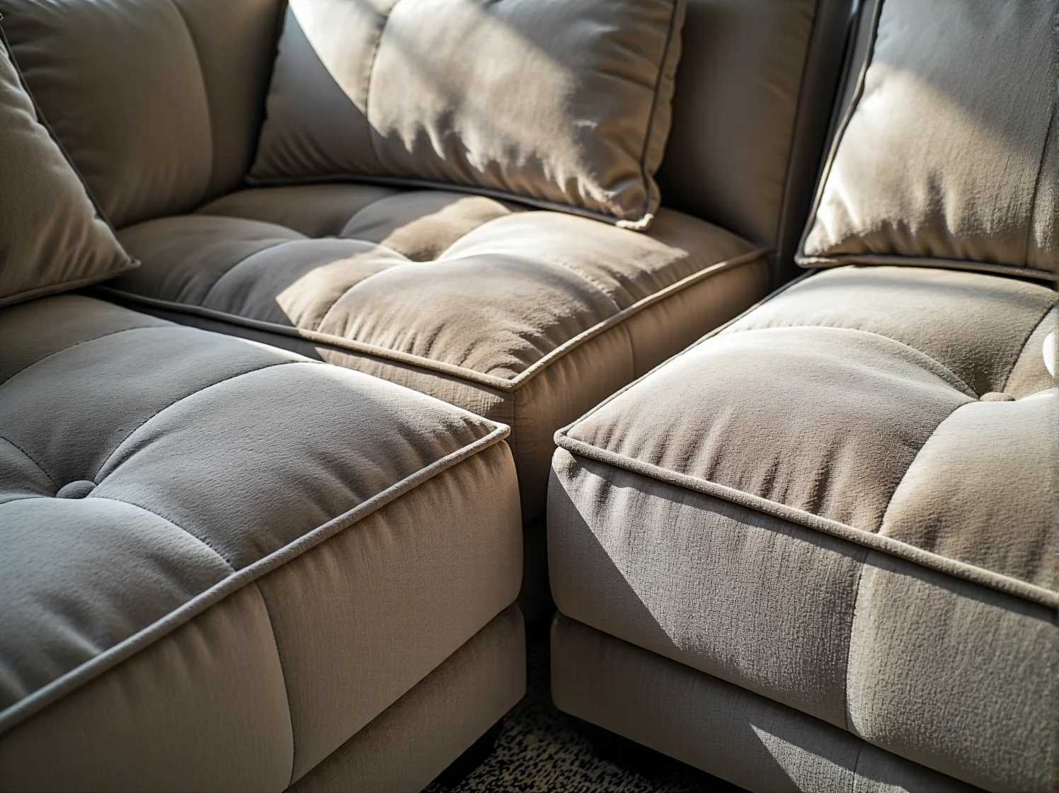 Zadbane meble welurowe w nowoczesnym wnętrzu – efekty regularnej pielęgnacji narożnika.