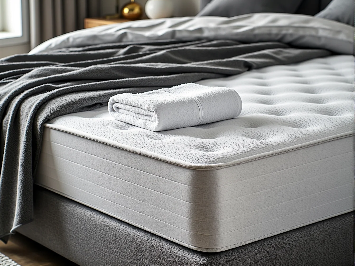 Kobieta śpiąca na boku na materacu termoelastycznym, zachowująca prawidłową postawę kręgosłupa.