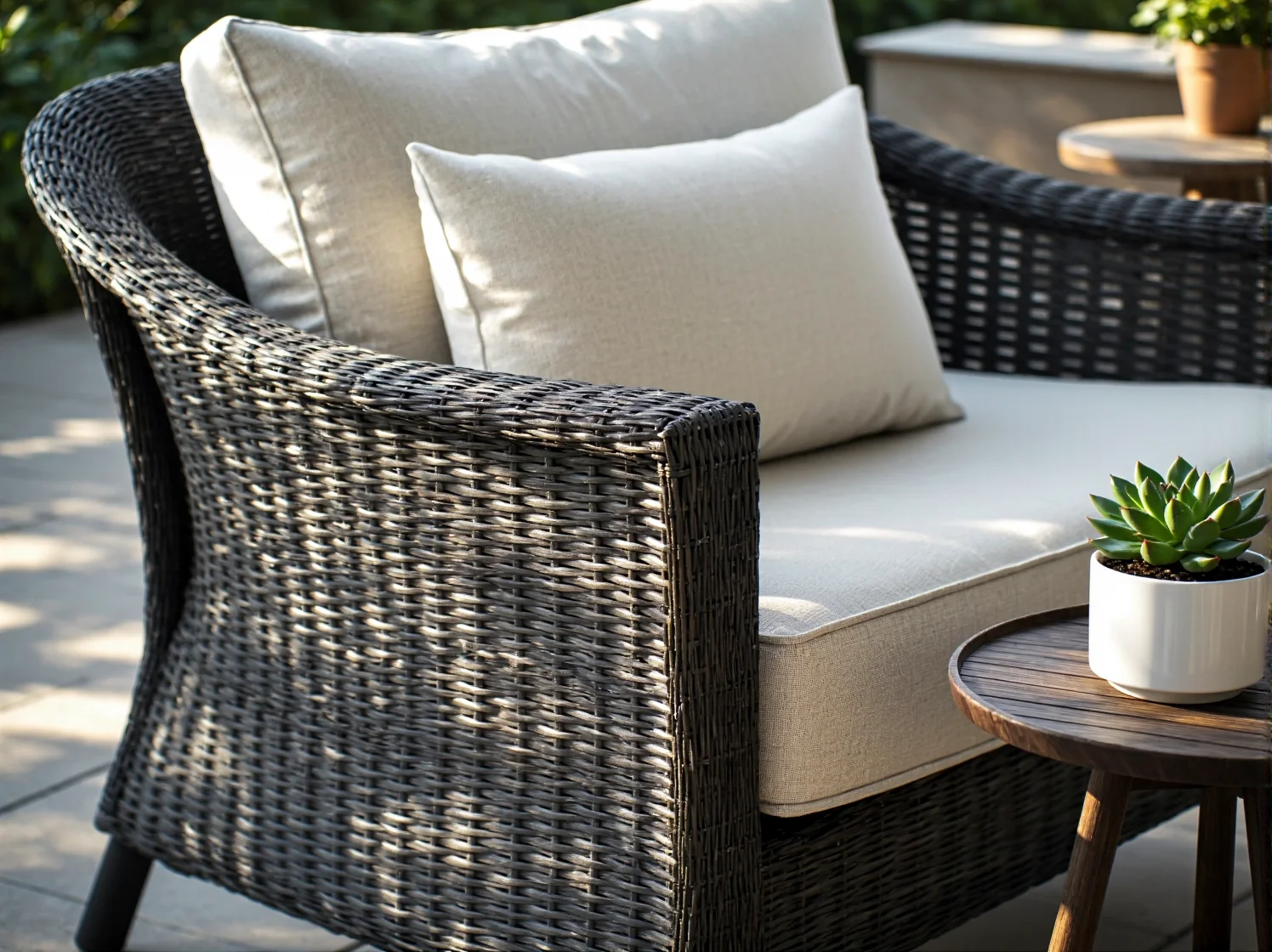 Elegancki zestaw wypoczynkowy z technorattanu na mały taras, idealny do relaksu na świeżym powietrzu.