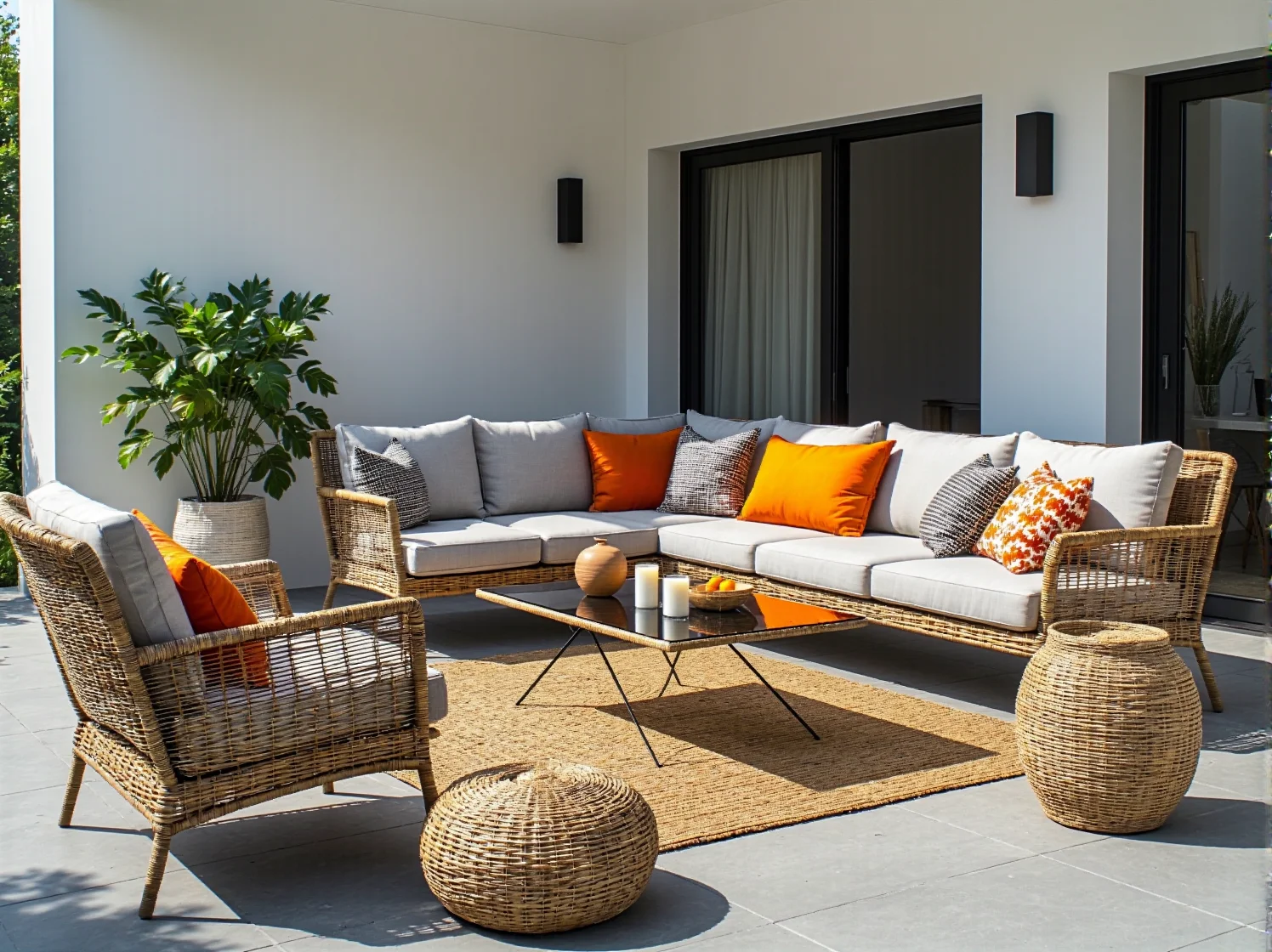 Elegancka sofa ogrodowa z technorattanu z miękkimi poduszkami w nowoczesnym ogrodzie