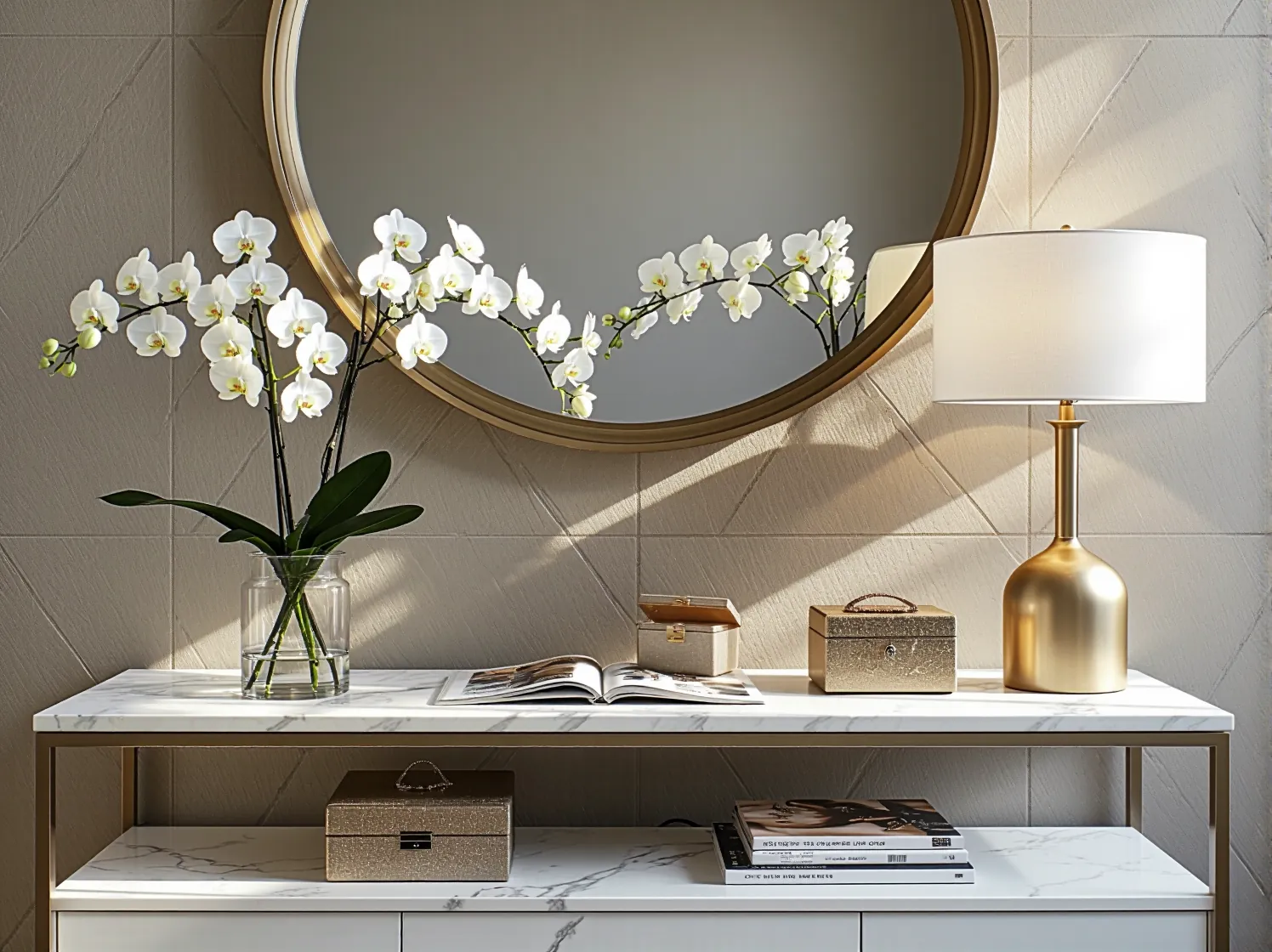 Złote dodatki i kryształowy żyrandol w luksusowej aranżacji przedpokoju.