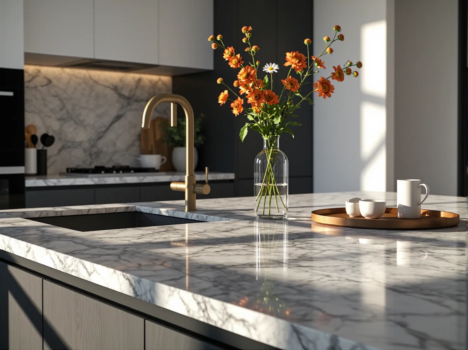 Luksusowe złote detale i marmurowy blat w małej kuchni typu glamour