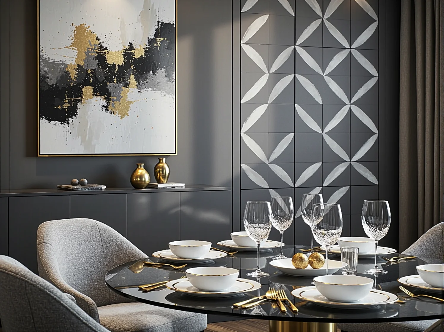 Zestawienie szmaragdowej ściany ze złotymi listwami dekoracyjnymi w luksusowym przedpokoju w stylu glamour.